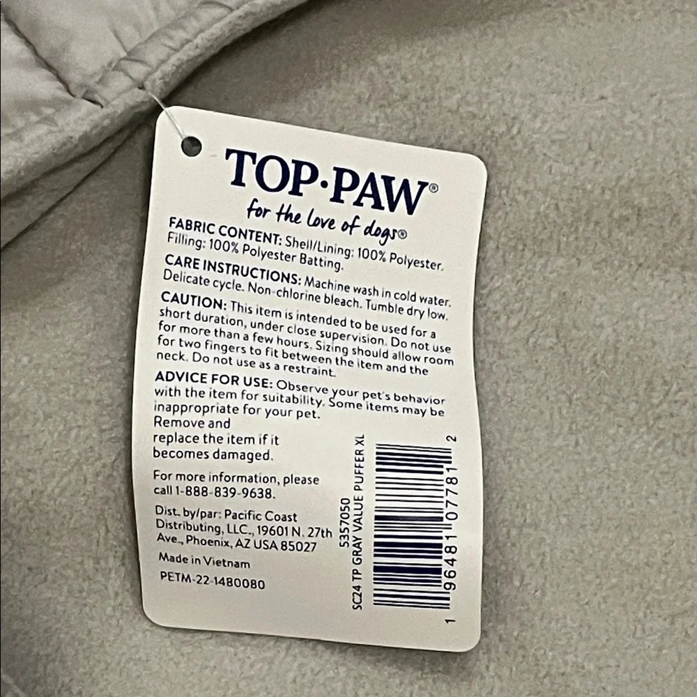 Dog Puffer Jacket in Gray by Top Paw NWT